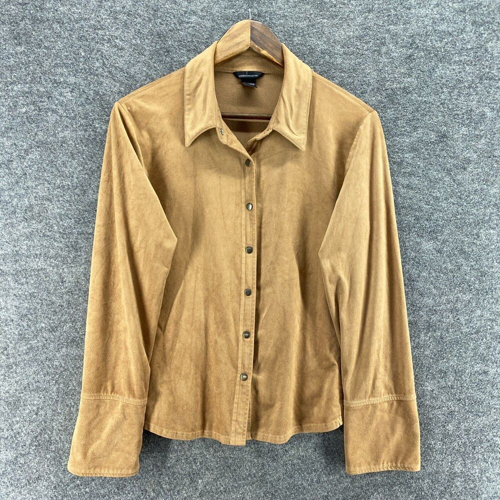 Moda Shirt Women L Large Brown Button Up Collared Long Sleeve Casual Solid